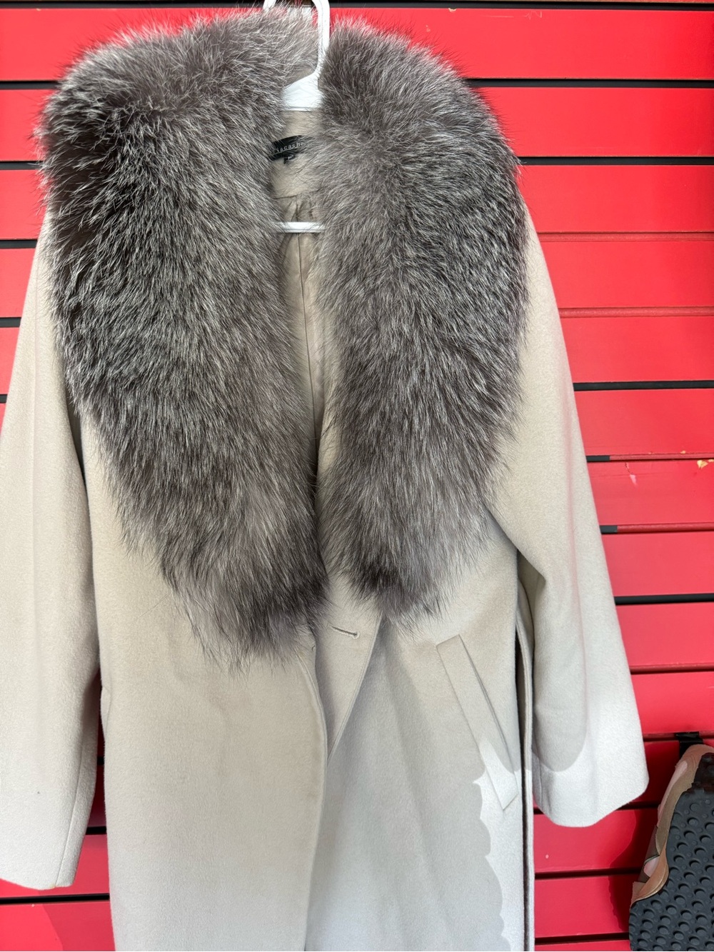 Sofia Cashmere Beige Coat with Gray Fur Collar